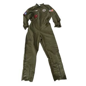 Underwraps Costume Navy Top Gun Pilot Jumpsuit Adult Large Olive Green Patches